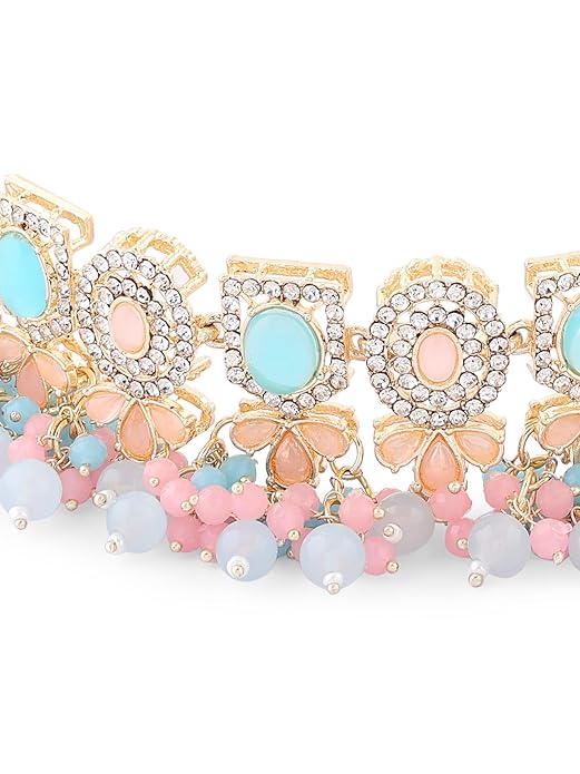 FluteVrinda Turquoise Blue Pink Stones Beads Choker Necklace Earring Maangtikka Ring Set For Women (15- B0C9Q7ZTM4)