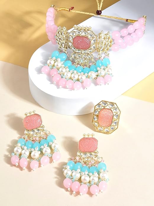 FluteVrinda Pink Turquoise Multistrand Kundan Choker Necklace Earring & Ring Set For Women (26- B0BRNFCM3V)