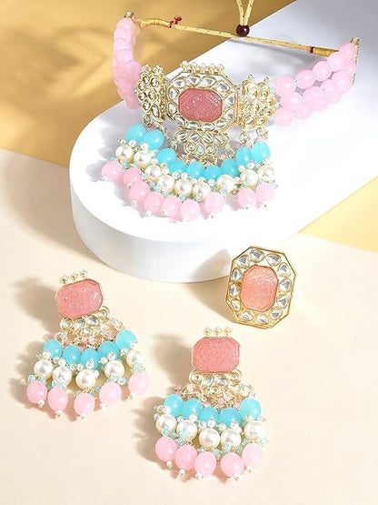 FluteVrinda Pink Turquoise Multistrand Kundan Choker Necklace Earring & Ring Set For Women (26- B0BRNFCM3V)