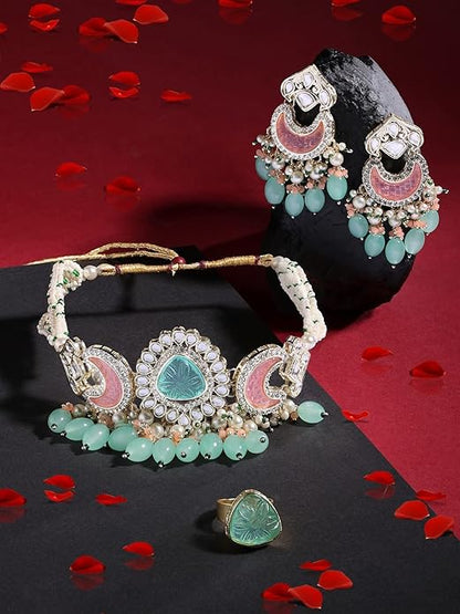 FluteVrinda Green Pink Stones & Beads Multistrand Kundan Choker Necklace Earring & Ring Set For Women (16- B0BVVHBMT3)