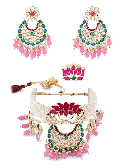 FluteVrinda Green & Pink Meenakari Lotus Multistrand Pearls Choker Necklace Earring & Ring Set For Women (28- B0BFRJRF9V)