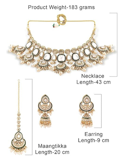 FluteVrinda Gold Tone & Green Enamel Kundan Artificial Stones & Pearls Drop Bridal Necklace Earring & Maangtikka Set For Women (11- B0CN1BW2PY)
