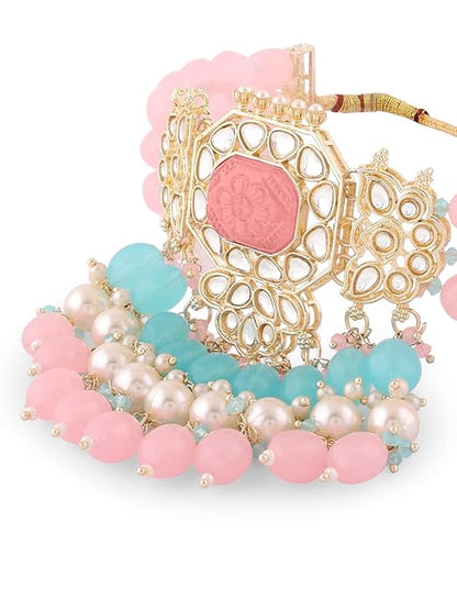 FluteVrinda Pink Turquoise Multistrand Kundan Choker Necklace Earring & Ring Set For Women (26- B0BRNFCM3V)