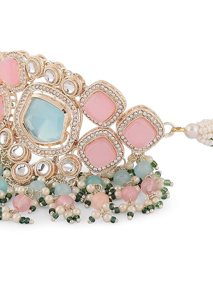 FluteVrinda Turquoise Blue & Pink Kundan Stones & Beads Choker Necklace Earring & Ring Set For Women-B0CKHYSHKV