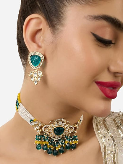 FluteVrinda Green & Yellow Multistrand Beaded Kundan Choker Necklace & Earring Set For Women (24- B0CWNXRX11)