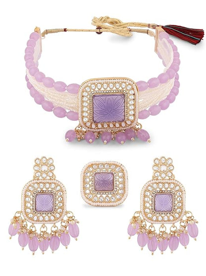 FluteVrinda Purple Multistrand Kundan Stones & Beads Choker Necklace Earring & Ring Set For Women (22- B0CKL9BY8Z)