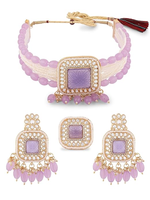 FluteVrinda Purple Multistrand Kundan Stones & Beads Choker Necklace Earring & Ring Set For Women (22- B0CKL9BY8Z)