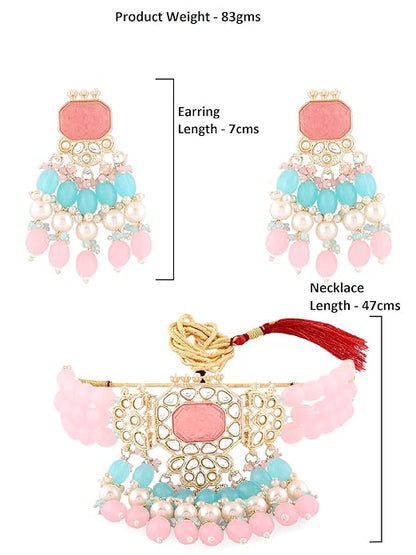 FluteVrinda Pink Turquoise Multistrand Kundan Choker Necklace Earring & Ring Set For Women (26- B0BRNFCM3V)