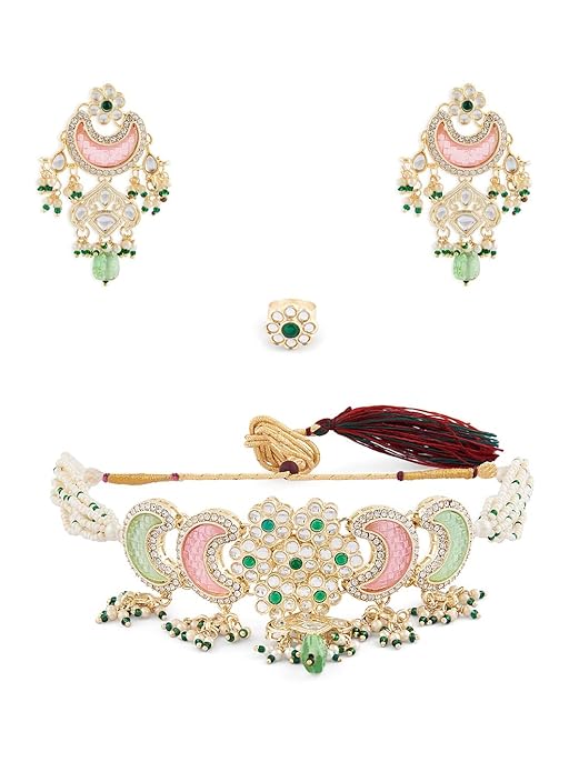 FluteVrinda Pink Green Stones Beads Multistrand Kundan Choker Necklace Earring & Ring Set For Women (B0BVVFH5MJ )