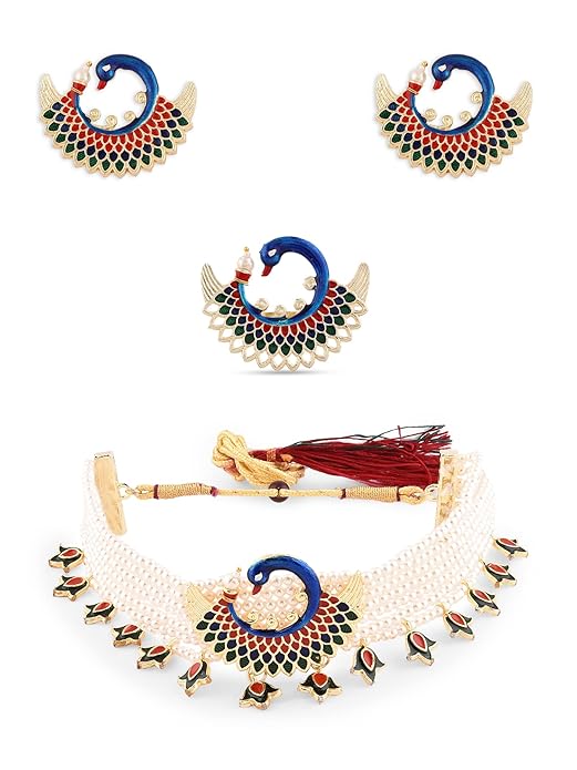 FluteVrinda ZAVERI PEARLS Multicolor Meenakari Peacock Inspired Multistrand Pearls Choker Necklace Earring & Ring Set For Women (B0B6RJSQN4)