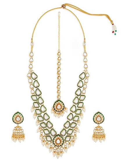 FluteVrinda Green Meenakari Dazzling Stones Beads Bridal Necklace Earring & Maangtikka Set For Women (B0DH7Z2M73)