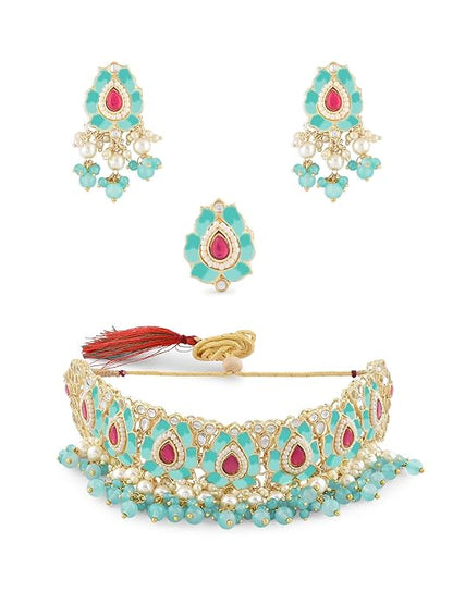 FluteVrinda Pink & Green Lotus Design Meenakari Choker Necklace Earring & Ring Set For Women (30-B0BDG5J6ZH)