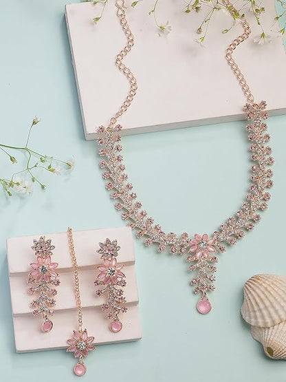 FluteVrinda Charming AD Diamonds Studded Floral Choker Necklace with Danlge Earrings Maangtikka Jewellery Set for Women & Girls (10- B0FB46QM2X)