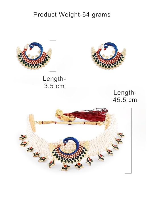 FluteVrinda ZAVERI PEARLS Multicolor Meenakari Peacock Inspired Multistrand Pearls Choker Necklace Earring & Ring Set For Women (B0B6RJSQN4)