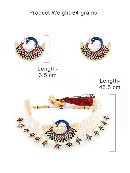 FluteVrinda ZAVERI PEARLS Multicolor Meenakari Peacock Inspired Multistrand Pearls Choker Necklace Earring & Ring Set For Women (B0B6RJSQN4)