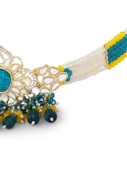 FluteVrinda Green & Yellow Multistrand Beaded Kundan Choker Necklace & Earring Set For Women (24- B0CWNXRX11)