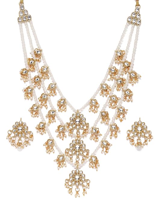 FluteVrinda Ethnic Kundan & Pearls Multi Layers Bridal Necklace Set For Women 20- B07Q538CC5
