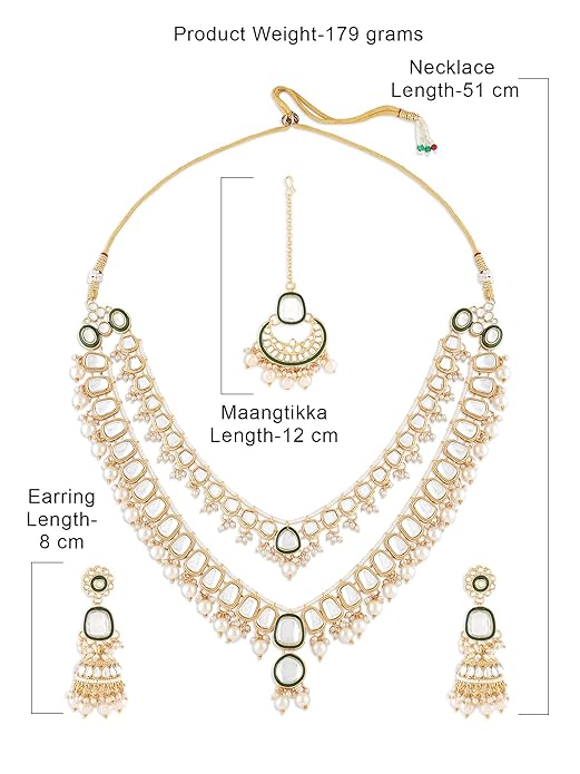 FluteVrinda Green Meenakari Kundan Pearls Layered Bridal Necklace Earring & Maangtikka Set For Women (17- B0CTQVLDPH)
