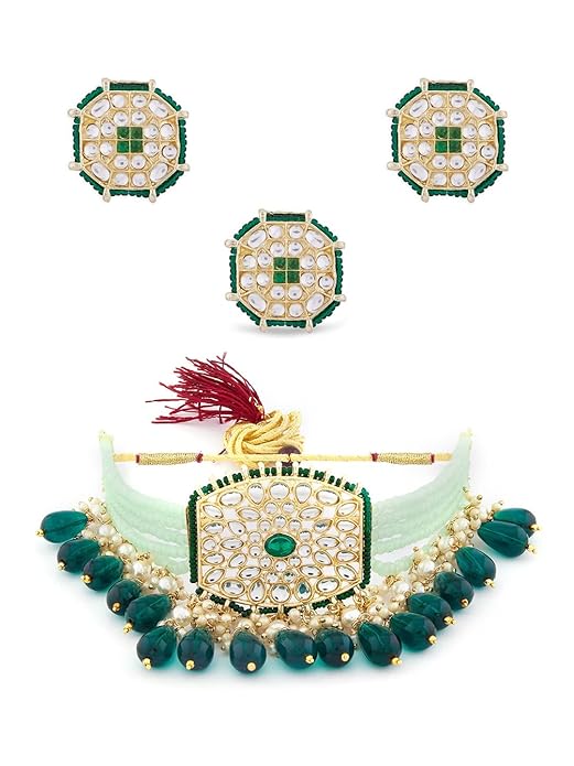FluteVrinda Green Crystals Beaded Multistrand Kundan Choker Necklace Earring & Ring Set For Women (27- B0B1JGY3K2)