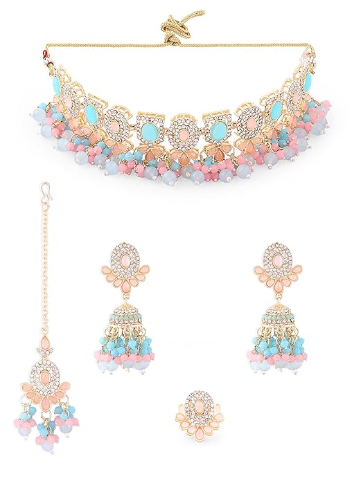FluteVrinda Turquoise Blue Pink Stones Beads Choker Necklace Earring Maangtikka Ring Set For Women (15- B0C9Q7ZTM4)