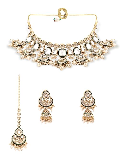 FluteVrinda Gold Tone & Green Enamel Kundan Artificial Stones & Pearls Drop Bridal Necklace Earring & Maangtikka Set For Women (11- B0CN1BW2PY)
