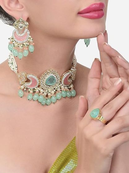 FluteVrinda Green Pink Stones & Beads Multistrand Kundan Choker Necklace Earring & Ring Set For Women (16- B0BVVHBMT3)