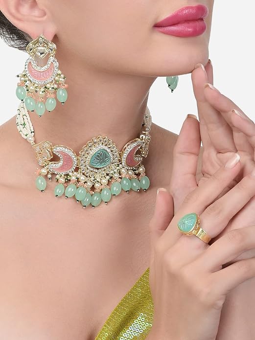 FluteVrinda Green Pink Stones & Beads Multistrand Kundan Choker Necklace Earring & Ring Set For Women (16- B0BVVHBMT3)