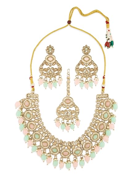 FluteVrinda Pink Mint Green Stones Beads Dazzling Necklace Earring & Maangtikka Set For Women (B0FPD4Q7J4)