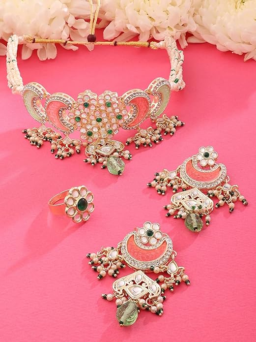 FluteVrinda Pink Green Stones Beads Multistrand Kundan Choker Necklace Earring & Ring Set For Women (B0BVVFH5MJ )