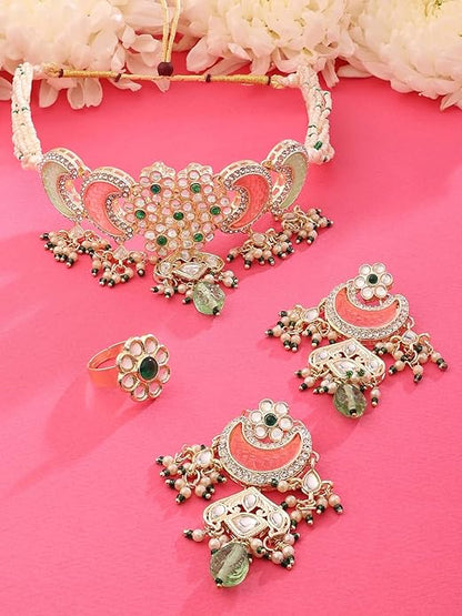 FluteVrinda Pink Green Stones Beads Multistrand Kundan Choker Necklace Earring & Ring Set For Women (B0BVVFH5MJ )