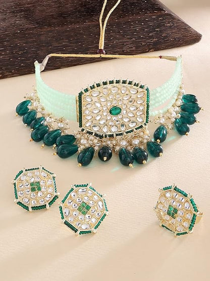 FluteVrinda Green Crystals Beaded Multistrand Kundan Choker Necklace Earring & Ring Set For Women (27- B0B1JGY3K2)