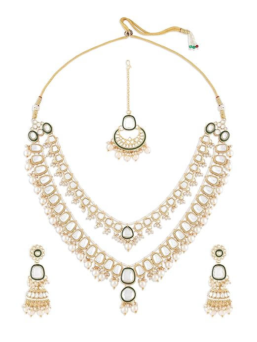 FluteVrinda Green Meenakari Kundan Pearls Layered Bridal Necklace Earring & Maangtikka Set For Women (17- B0CTQVLDPH)
