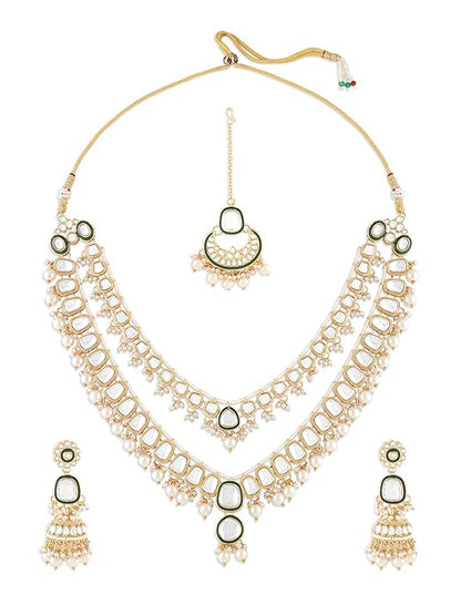 FluteVrinda Green Meenakari Kundan Pearls Layered Bridal Necklace Earring & Maangtikka Set For Women (17- B0CTQVLDPH)