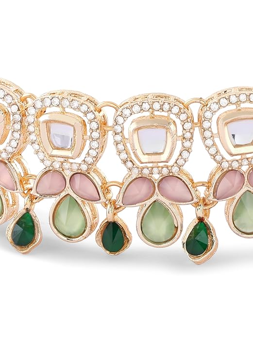 FluteVrinda Green Pink Stones Austrian Diamonds Embellished Choker Necklace Earring & Ring Set For Women (B0CZXTDT1G)