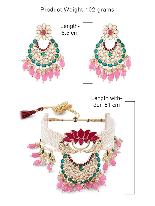 FluteVrinda Green & Pink Meenakari Lotus Multistrand Pearls Choker Necklace Earring & Ring Set For Women (28- B0BFRJRF9V)