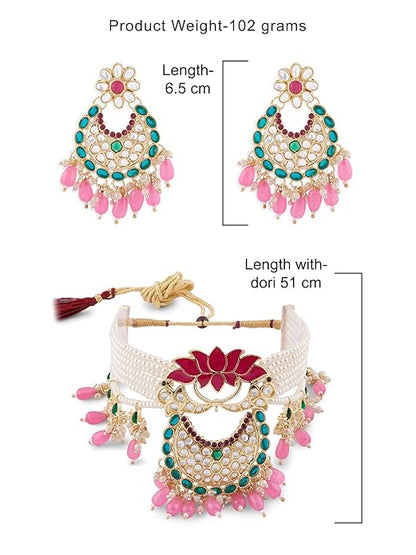 FluteVrinda Green & Pink Meenakari Lotus Multistrand Pearls Choker Necklace Earring & Ring Set For Women (28- B0BFRJRF9V)