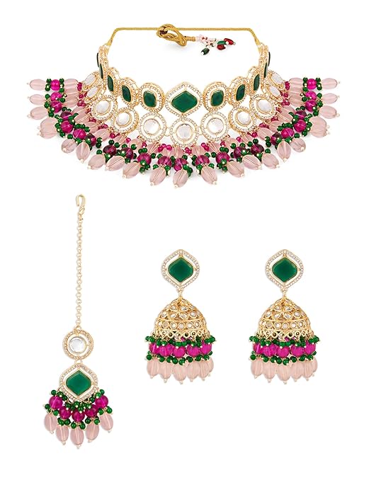 FluteVrinda Pink Green Stones Beads Austrian Diamonds Choker Necklace Earring & Maangtikka Set For Women (29- B0D8T4HT9N)