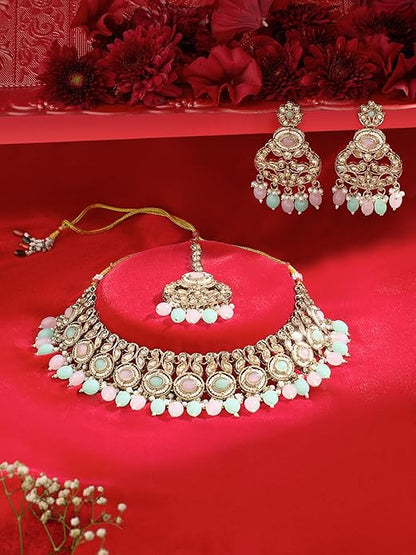FluteVrinda Pink Mint Green Stones Beads Dazzling Necklace Earring & Maangtikka Set For Women (B0FPD4Q7J4)