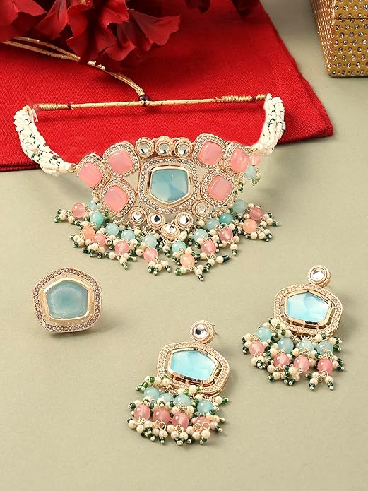 FluteVrinda Turquoise Blue & Pink Kundan Stones & Beads Choker Necklace Earring & Ring Set For Women-B0CKHYSHKV
