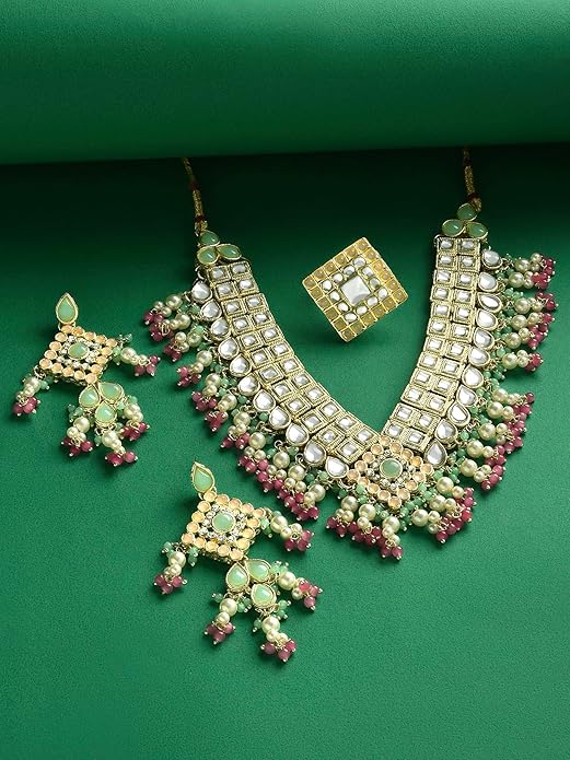 FluteVrinda Green Pink Stones & Cluster Beads Kundan Necklace Earring & Ring Set For Women (19- B0BRNC7WBB)