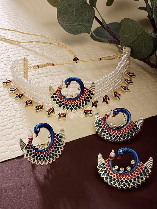 FluteVrinda ZAVERI PEARLS Multicolor Meenakari Peacock Inspired Multistrand Pearls Choker Necklace Earring & Ring Set For Women (B0B6RJSQN4)