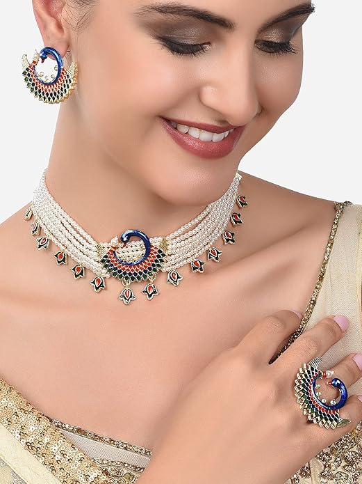 FluteVrinda ZAVERI PEARLS Multicolor Meenakari Peacock Inspired Multistrand Pearls Choker Necklace Earring & Ring Set For Women (B0B6RJSQN4)