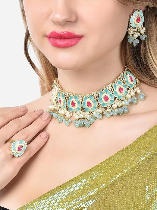 FluteVrinda Pink & Green Lotus Design Meenakari Choker Necklace Earring & Ring Set For Women (30-B0BDG5J6ZH)