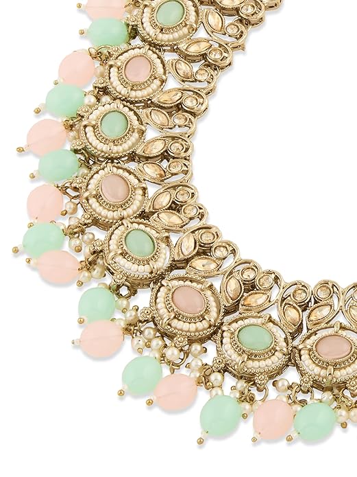 FluteVrinda Pink Mint Green Stones Beads Dazzling Necklace Earring & Maangtikka Set For Women (B0FPD4Q7J4)