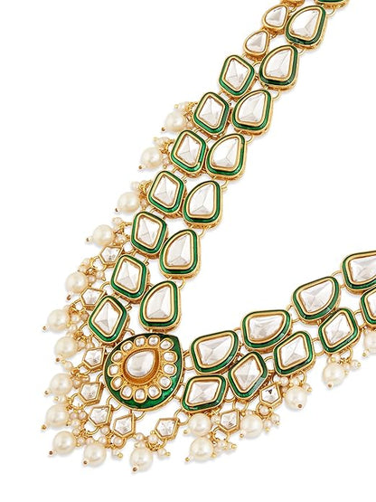 FluteVrinda Green Meenakari Dazzling Stones Beads Bridal Necklace Earring & Maangtikka Set For Women (B0DH7Z2M73)