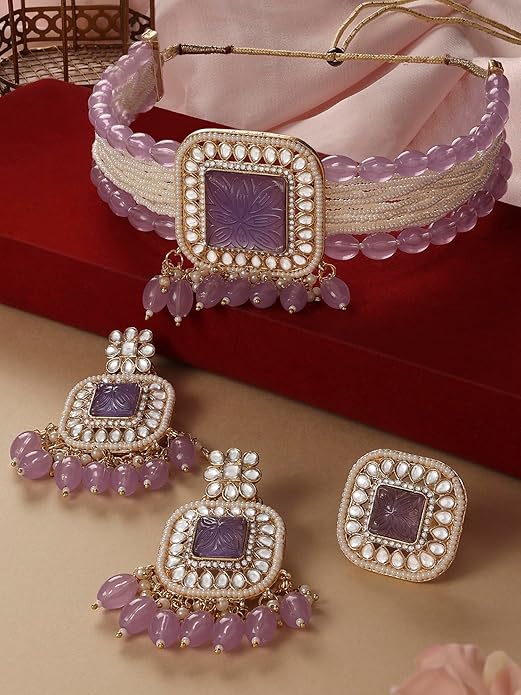 FluteVrinda Purple Multistrand Kundan Stones & Beads Choker Necklace Earring & Ring Set For Women (22- B0CKL9BY8Z)