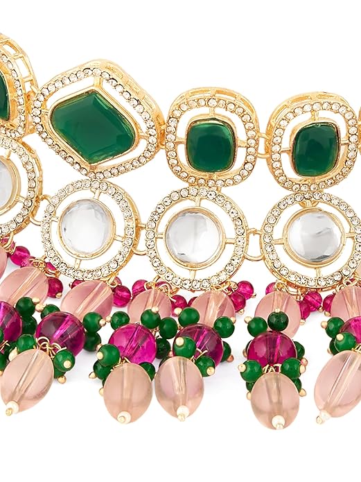 FluteVrinda Pink Green Stones Beads Austrian Diamonds Choker Necklace Earring & Maangtikka Set For Women (29- B0D8T4HT9N)