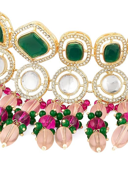 FluteVrinda Pink Green Stones Beads Austrian Diamonds Choker Necklace Earring & Maangtikka Set For Women (29- B0D8T4HT9N)
