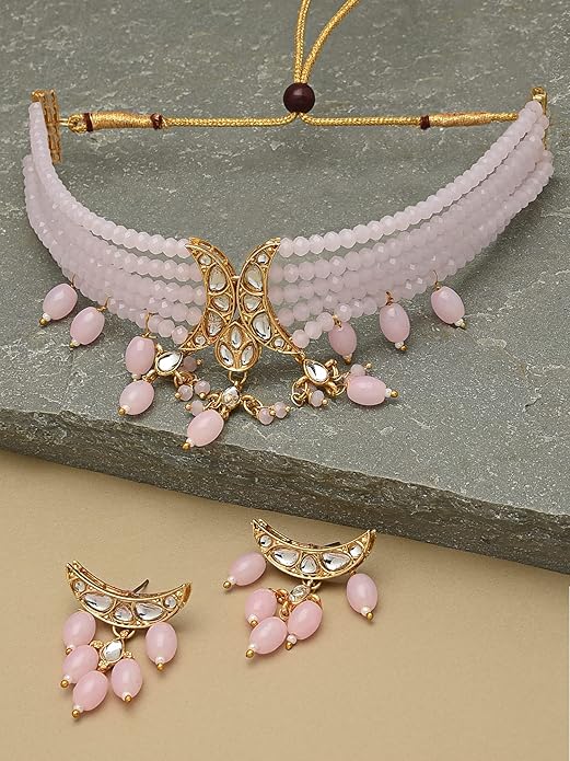 FluteVrinda Pink Dazzling Crystal Beads Multistrand Kundan Choker Necklace & Earring Set For Women (25- B09RG83CSR )