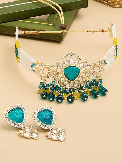 FluteVrinda Green & Yellow Multistrand Beaded Kundan Choker Necklace & Earring Set For Women (24- B0CWNXRX11)